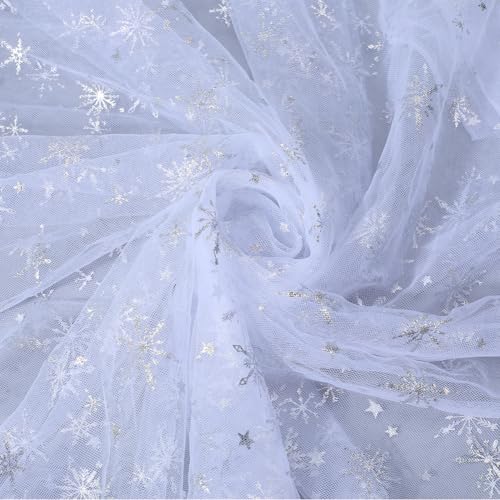 CABODYALS 1.83 m 150cm Weißer Schneeflocken Tüllstoff Durchsichtiges Organza Material Silberfolie Weihnachtsbaum Glitzer Transparenter...