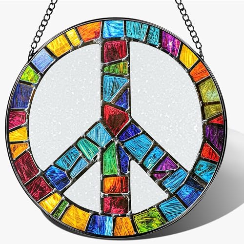 Stained Glass Window Hanging 7.8 Inch Peace Sign Hippie Stained Glass Suncatcher Ornament Suncatchers for Windows Hanging Peace Symbol Decor Hippie Gifts Christmas Birthday Gifts for Women