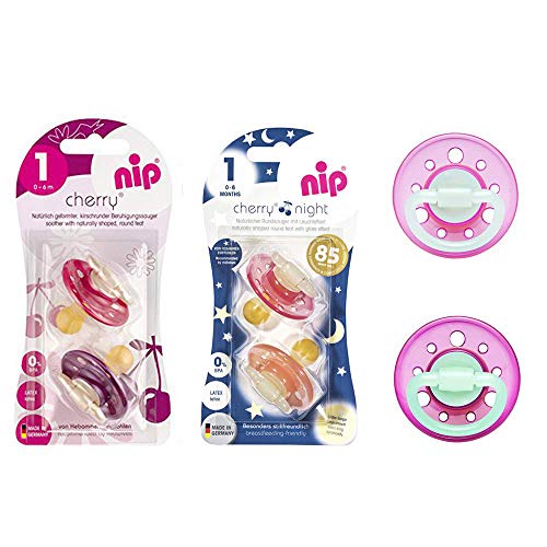 NIP Cherry & Cherry Night Schnuller Set 6 Stück (2 x Day Bordeaux-Lila + 4 x Night Girl mix) // Gr.1 // Naturlatex, 6 Farben