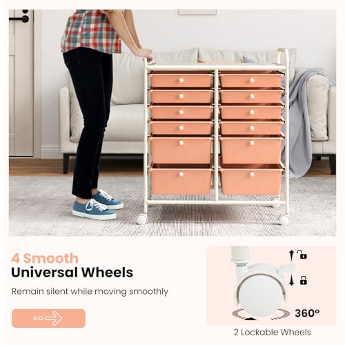 Image of LDAILY 12 Drawer Rolling Storage Cart, Craft Cart Organizer on Wheels w /Metal Frame, Large Capacity & Smooth Drawer, Rolling Cart w /Drawers for Classroom, Office