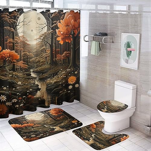 4 Piece Bathroom Rug Set with Shower Curtain with Non-Slip Rugs Toilet Lid Cover and Bath Mat Moon and A Tree in an Autumn Forest Waterproof Fabric Bath Curtain Harvest Seasonal Orange
