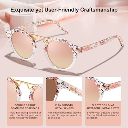 Image of CARFIA Small Face Acetate Polarized Sunglasses for Women UV Protection, Retro Double Bridge Eyewears Metal Brow Round Sunnies