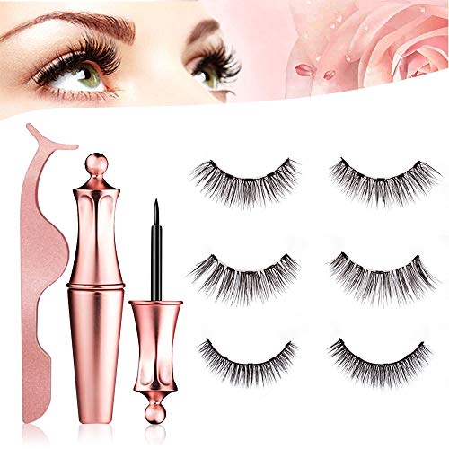 Magnetic Eyelashes and Magnetic Eyeliner Kit with Tweezer,Waterproof Liquid Eyeliner ,Reusable 5 Magnets 3D Magnetic Natural False Eyelashes Comes with 3 pairs