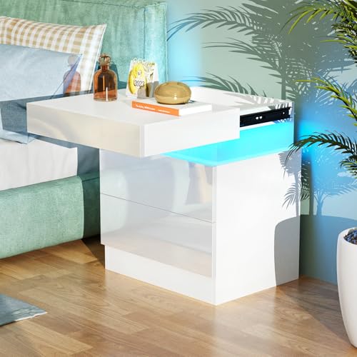 Lvhcmfohm Table de Chevet avec lumière LED, Chevet de Lit, Table de Nuit avec 2 Tiroirs et...