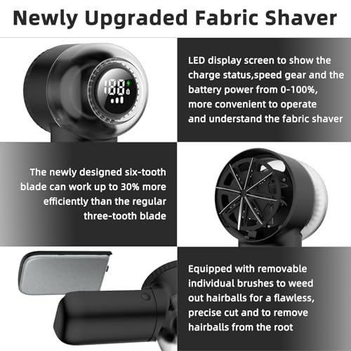 Fabric Shaver, Electric Portable Sweater Defuzzer with 3 Speeds, 6 Leaf Blades, Digital LED Display to Remove Pilling for Clothes, Furniture, Sweater, Couch, Blanket (Black) - Image 2