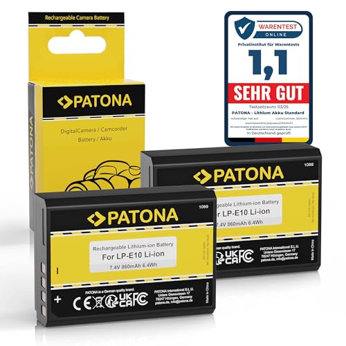 PATONA 2X LP E10 Batería (860mAh 6.4Wh 7.4V) Compatible con Canon EOS 1100D 1200D 1300D 2000D 4000D Rebel T3 T5 T6 T9 Kiss X50 X70 X80 1DX 1D X Mark II LP E10 LPE10