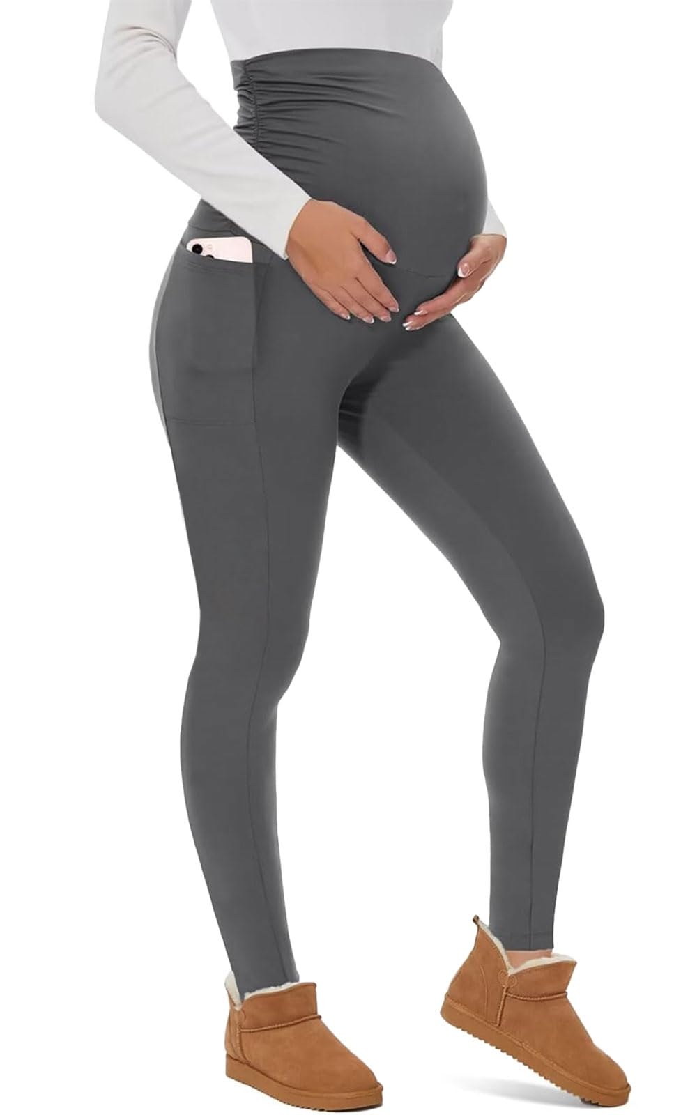 Yutdeng Legginsy ciążowe dla kobiet z wysokim stanem, legginsy ciążowe, nieprzezroczyste, legginsy ciążowe, elastyczne spodnie ciążowe, miękkie legginsy w ciąży z kieszeniami, modna odzież w ciąży