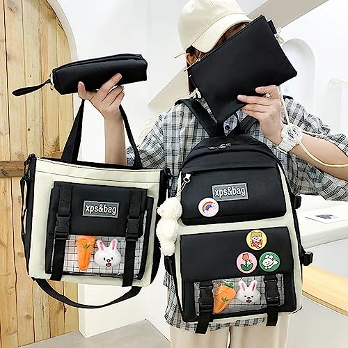 4Pcs Kawaii Backpack Cute Backpack for School Aesthetic Backpack Kawaii School Supplies Backpack Set with Accessories (Black)2