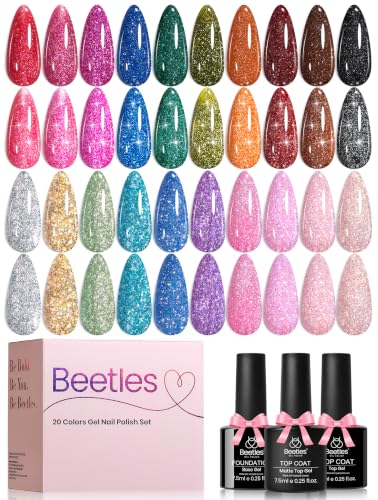 Image of Beetles Glitter Gel Nail Polish Set, 20 Colors Party Auras Gel Polish | Platinum Diamond Shimmer Gel Shades With Base, Glossy&Matte Top Coats for Uv Led Soak-Off Nail Art