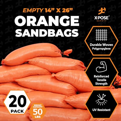 Image of Xpose Safety Heavy Duty Sand Bags with Tie Strings - Empty Woven Polypropylene Sandbags for Hurricane Flood Protection, 50 lb Capacity, 14 inch x 26 inch, Orange, Pack of 20