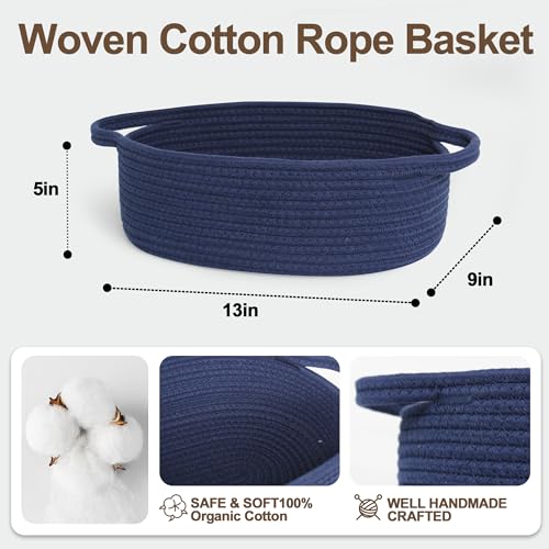 Image of Small Baskets for Gifts Empty, 13 inchx 9 inchx 5 inch Woven Gift Basket with Bag and Ribbon, Cotton Rope Kids Dog Cat Toy Bin Box, Cute Baby Nursery Organizer, Decorative Storage with Handles,Dark Blue