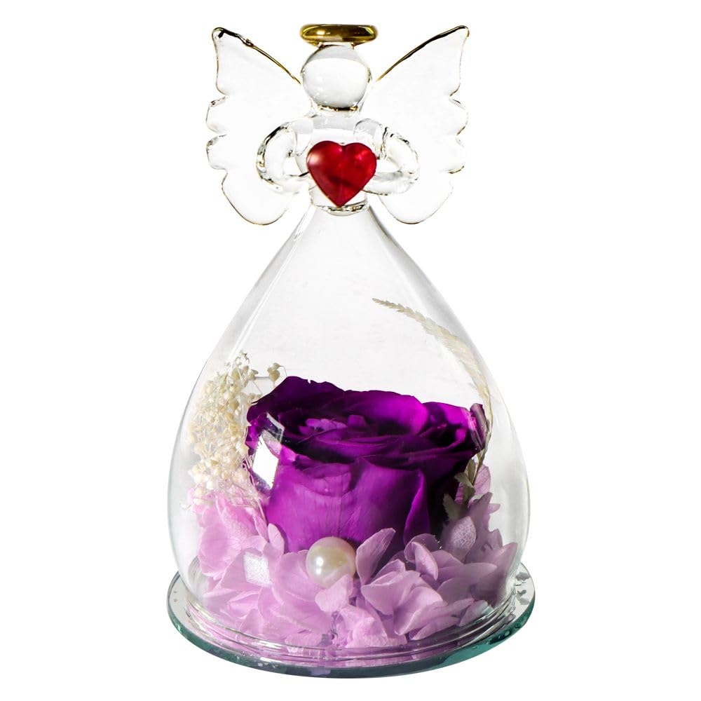 Eternal Preserved Purple Rose in Glass Angel Figurine – Guardian Angel Ornament with Red Heart & Halo, Long Lasting Real Rose Keepsake, Romantic Home Décor & Memory Gift
