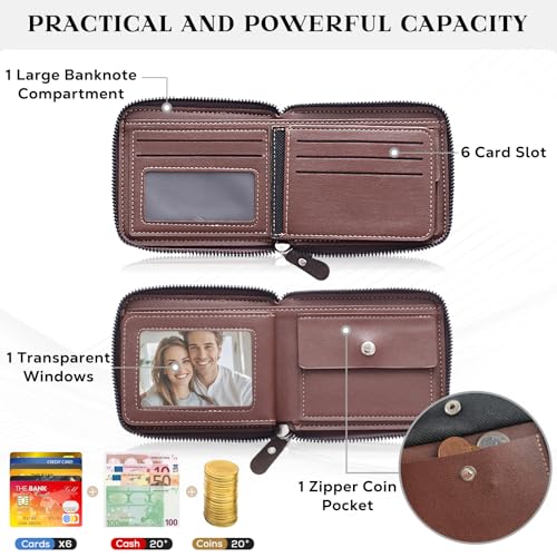 Personalized Wallet for Men – Custom Engraved Leather Wallet with NFC Smart Album – Store Photos & Engrave Name/Text – Unique Gift for Husband, Boyfriend, Dad (Light Brown - With Zipper)4