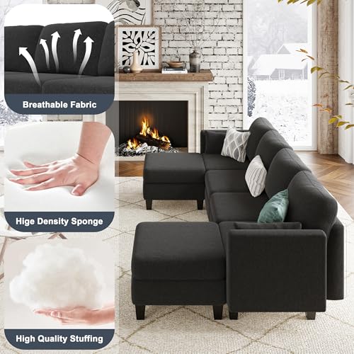 Modular Sectional Sofa, Convertible U Shaped Sofa Couch with High Density Memory Foam, 6 Seat Comfy Modular Sofa Couch for Living Room, Modern U Shaped Sectional Sofa, Black