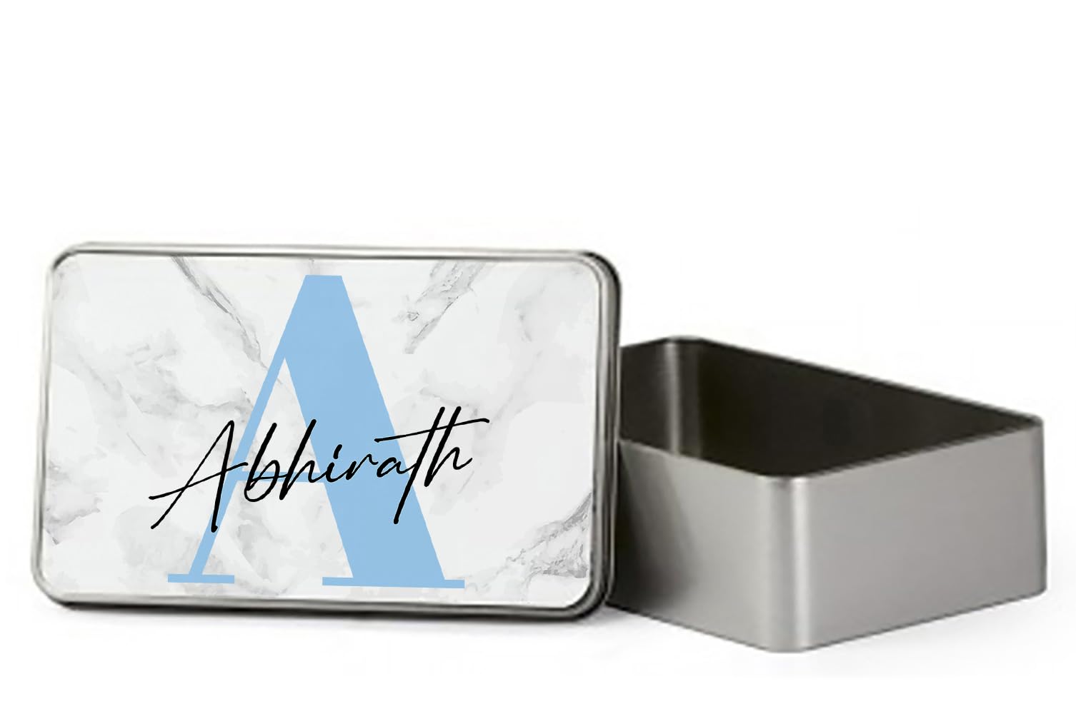 Getagift Personalised Initial with Name, Alphabet theme, Marble Design, Portable Metal Tin Box, Storage Box. (Rectangular)