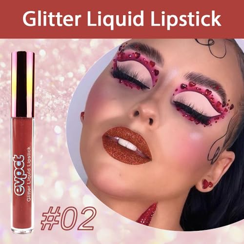 Image of evpct 1Pcs Mauve Red Matte to Glitter Liquid Lipstick Lip Set Kit, Long Lasting Matte Diamond Glitter Lip Gloss Waterproof, Colorful Sparkly Glossy Metallic Shimmer Sparkle Lipstick for Women 02#