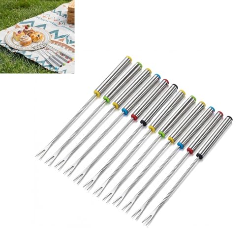 Lot de 12 fourchettes à fondue en acier inoxydable alimentaire, manches résistants à la chaleur, 6 couleurs, pour chocolat, fromage, guimauves, viandes et fruits, faciles à nettoyer, idéales pour fond