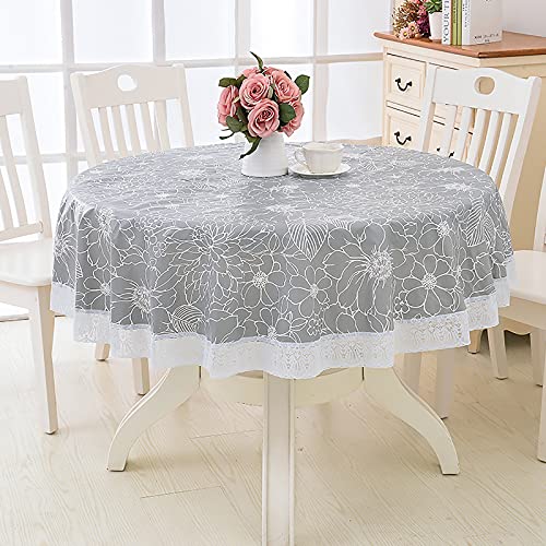 Nappe Toile cirée PVC Ronde, avec motif floral et dentelle, Nappe Ronde Anti Tache Impermeable Nappe de Table Toile Cirée de Salle à Manger, pour Salle à Manger, Jardin, Café,Fête (gris, 180cm)