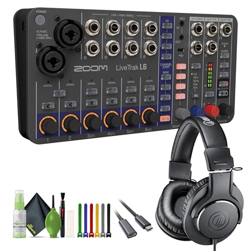 Zoom LiveTrak L-6 Portable 6-Channel Digital Mixer and Multitrack Recorder + Audio-Technica ATH-M20x Professional Studio Monitor Headphones, Black + Cleaning kit + USB C to Male USB C Cable