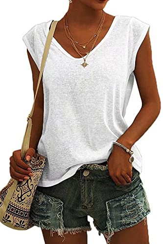 ASKSA Femme T-Shirt Débardeur Col en V à Mancherons été Couleur Unie Sport Tee Hauts Chemises Amples de Base Shirts (Blanc,M)