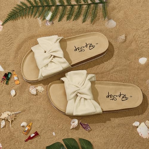 Image of PepStep Slide Sandals for Women or Ladies Dressy Summer Casual, Cute Bow Tie Knot On Top Strap, Comfy Slip On Cork Foot Bed