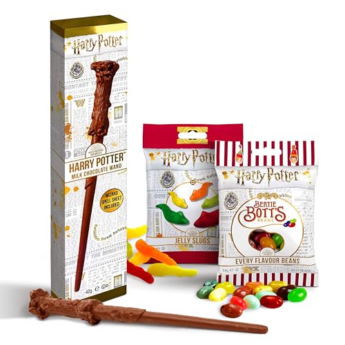 Magisches Harry Potter Süßigkeiten 3erSet: Schokoladen-Zauberstab (42g), Bertie Bott’s Bohnen (54g) & Jelly Slugs (56g) - Entdecken Sie die Köstlichkeiten der Zauberwelt von Hogwarts