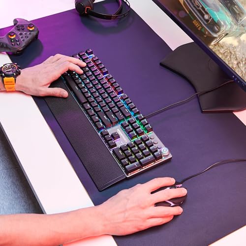 Image of amazon basics Pro Series Mechanical Gaming Keyboard with Drive Customization|RGB LED Lights|Media Control Knob|High-Response Mechanical Switches|Wrist Support|Durable Keycaps|Plug & Play (Black)