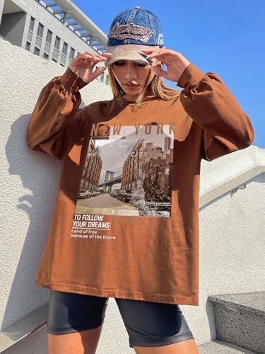 Image of CHKOKKO Oversized Round Neck Drop Shoulder Printed Polyester Full Sleeves T-Shirt for Women