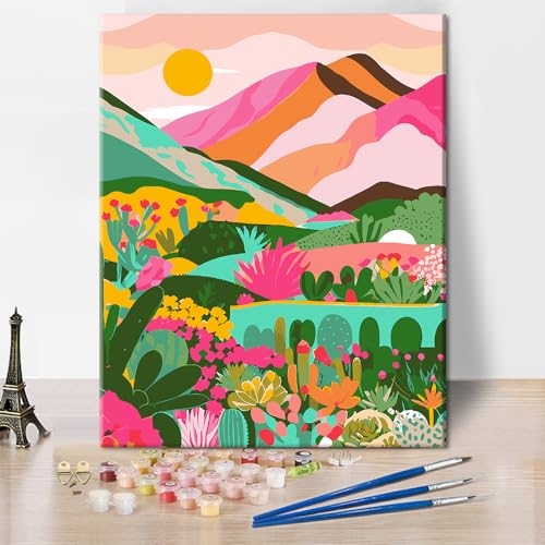 Bunte Landschaft DIY Malen nach Zahlen, Mond Malen nach Zahlen Kit für Erwachsene, Sukkulenten Kaktus flachen Stil Malerei Kits auf Leinwand, 16'x 20' abstrakte Landschaft Acrylmalerei für Home Decor