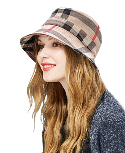 Cappello vintage a plaid Bucket: Cappello da donna alla moda con plaid e tartan e quadretti. Design classico ed elegante; pizzo piatto; cappello da sole a tesa larga; crushable e arrotolabile, facile da piegare, può essere messo in una borsa o in borsa.