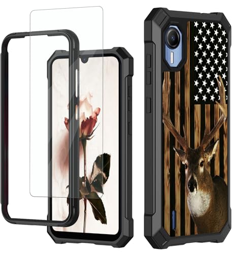 RAUEDWDJS for Cricket Debut S2 Case,At&t Calypso 4 Phone Case with Glass Screen Protector,Heavy Duty Hard PC & Soft TPU Bumper Shockproof Protective Phone Case for Cricket Debut S2-American Flag Deer