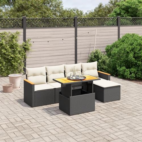 Mokuyary M327K051 - Sofá de jardín con cojines (6 piezas, polirratán, para balcón, terraza, sin espacio de almacenamiento), color negro