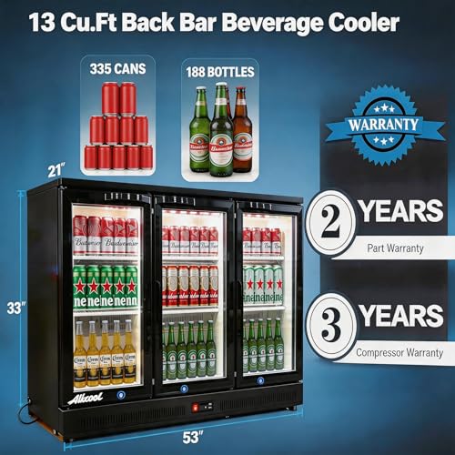 Image of Back Bar Cooler Under Counter Beverage Refrigerator, 13 Cu Ft Undercounter Fridge,3 Door 53.5 inch Commercial Beer Built-In Cooler with LED Light Adjustable Shelves Safety Locks,ETL Approval