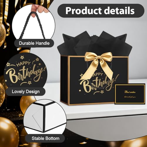 AOOSU Geschenktüte Geburtstag, Papier Geschenktüten mit Schleife + 1 Grußkarten + 3 Seidenpapier, Schwarz Geschenktaschen mit Henkel, Frauen Männer Birthday Gift Bag, Geschenkverpackung für Geschenk