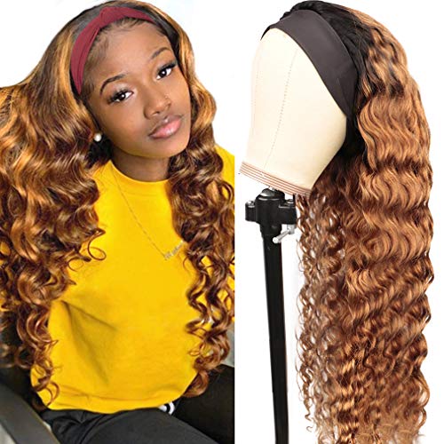 Haha Ombre Headband Wig Human Hair Loose Deep Wave Headband Wigs for Black Women 26 Inch None Lace Deep Curly Headband Wig 150% Density Brown Colored Wig Glueless 1b/30