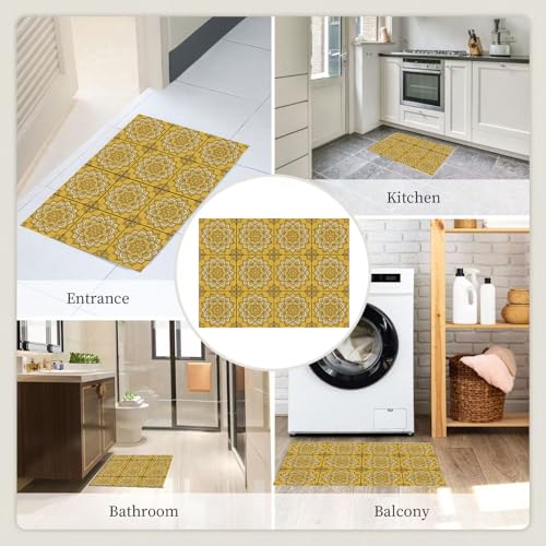 Tapis Patchwork Floral Rétro pour Entrée Extérieure et Intérieure Or - 8