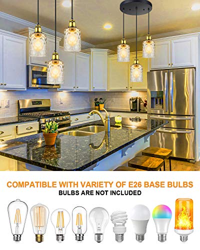 WENFENG 3-Light Pendant Lighting, Adjustable Hanging Light Fixtures, Flush Mount Ceiling Chandelier, Water Ripple Glass Shade E26 Bronze Base, for Kitchen Island Hallway Dinning Room - Thumbnail 3