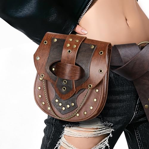 Image of HiiFeuer Steampunk Studded Waist Pack Bag with Belt, Vintage Punk Belt Pouch Portable Fanny Purses for Ren Faire Cosplay (Brown A)