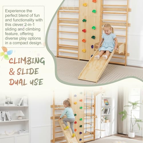 Image of 10-in-1 Swedish Ladder Indoor Jungle Gym for Kids Ages 3-12, 500 LBS Wooden Wall-Mounted Climbing Set with Slide, Swing, Rings, Monkey Bars - Montessori Play & Fitness Playground