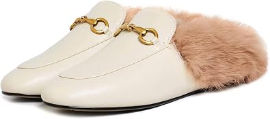 Vertundy Fur Mules with Matal Buckle Slip On Flats for Women Backless Sandals Dress Shoes Work Slides