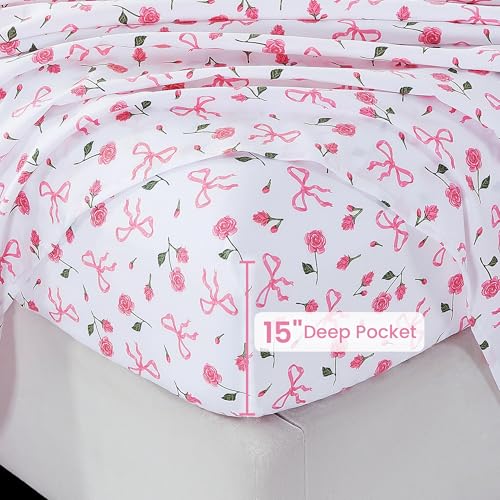 Image of Softan Pink Floral Queen Bed Sheets, Cozy Microfiber Flower Printed Sheets with 15 inch Deep Pocket Fitted Sheet & Non-Slip Straps, Patterned Pink Rose - Bow Sheets & Pillowcase Set