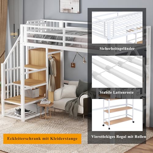 Merax Hochbett Metallbett 90x200cm, Platzsparend Etagenbett mit Offener Kleiderschrank, Vierstöckiges Regal mit Rollen, Stockbett mit Rausfallschutz, Sichere Treppe, Funktionsbett Jugendbett, Weiß – Bild 6