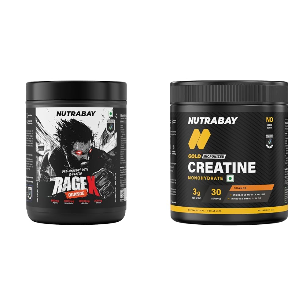 nutrabay ragex pre workout supplement powder - 360g, orange and gold micronized creatine 120gm orange