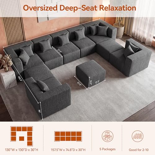 Image of MONVANE Modular Sectional Sofa, Oversized 10 Seat Convertible U Shaped Couch with Ottoman, Comfy Chenille Cloud Couch with Deep Seat, Sectional Couches for Living Room, No Assembly Required, Grey