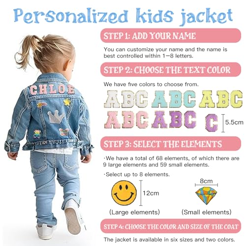 Personalized Kids Patch Denim Jacket | Custom Jean Jacket Kids Clothes for Girls, Long Sleeve Children Casual Outerwear for Toddlers 1-8 Years, Girls Fashion Jean Jacket Personalized Birthday Gifts,4