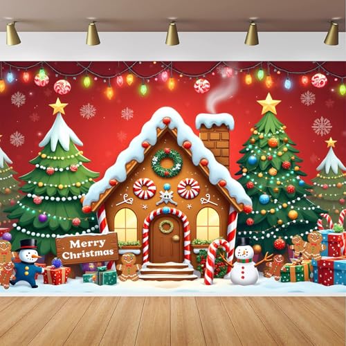 CapiSco Christmas Gingerbread House Backdrop 7x5FT Santa Merry Xmas Tree Lollipop Background for Winter Snowflake Party Decorations Festive Christmas Decor Backdrops Banner