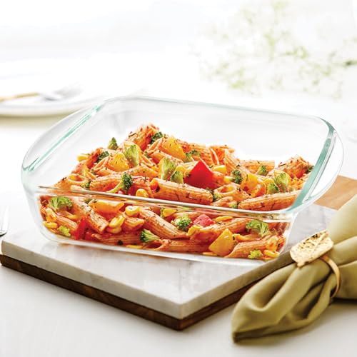 Image of Borosil Baking & Serving Dish with Handle | Square Bowl Container | Borosilicate Glass Bakeware and Serveware Casserole Dish Tray | Microwave, Oven & Dishwasher Safe | Transparent (1.6L)