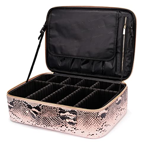 Rownyeon Snake Print Makeup Bag Organizer Makeup Travel Case Portable Cosmetic Makeup Train Case Storage Bag With Adjustable Dividers Cosmetic Bag For Women, Snake Embossed Pink Pu Leather Medium #TOP6
