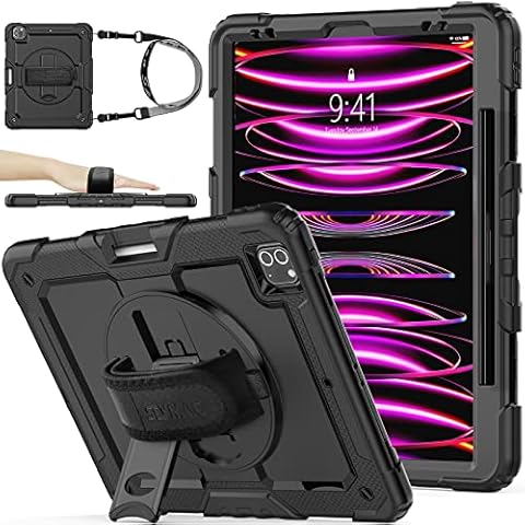 SEYMAC stock Case for iPad Pro 12.9 Inch (6th/5th/4th/3rd Generation, 2022/2021/2020/2018), Full Body Protective iPad 12.9 Case with Screen Protector Pen Holder 360 Rotating Stand & Hand Strap (Black) Cover