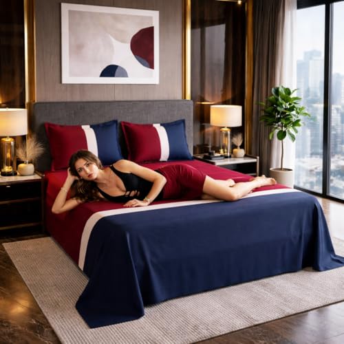 Image of VAS COLLECTIONS Premium Cotton Bedsheet for Double Bed with 2 Pillow Covers - Soft, Breathable & Wrinkle Resistant Cotton Bedding Set, King Size Bed Sheet 90 x 100 Inches (Navy Red)